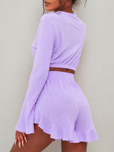 Load image into Gallery viewer, Round Neck Long Sleeve Top and Ruffled Shorts Set
