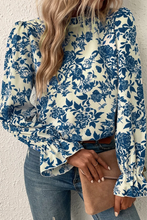 Load image into Gallery viewer, Sky Blue Floral Print Flounce Sleeve Keyhole Back Blouse
