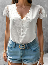 Load image into Gallery viewer, Swiss Dot Lace Detail V-Neck Cap Sleeve Blouse
