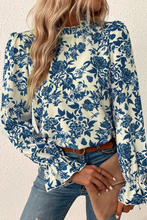 Load image into Gallery viewer, Sky Blue Floral Print Flounce Sleeve Keyhole Back Blouse
