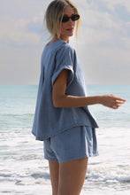 Load image into Gallery viewer, Light Blue Denim Cuffed Sleeve Tee Elastic Shorts Set
