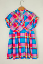 Load image into Gallery viewer, Light Blue Multicolor Plaid Short Sleeve Babydoll Mini Dress
