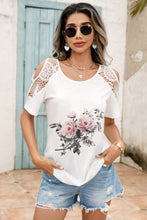 Load image into Gallery viewer, Shiny Lace Detail Round Neck Cold Shoulder Blouse
