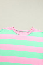 Load image into Gallery viewer, Pink Stripe Colorblock Cuffed Sleeve Loose Tee
