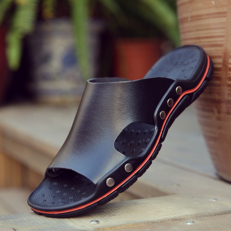 6 Colors - Genuine Cow Leather Slides Couple Outdoor Non-slip Womens PVC Soft Soles Slip-On Shoes Ti Amo I love you