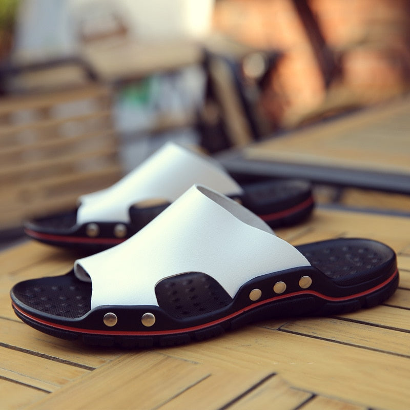 6 Colors - Genuine Cow Leather Slides Couple Outdoor Non-slip Womens PVC Soft Soles Slip-On Shoes Ti Amo I love you