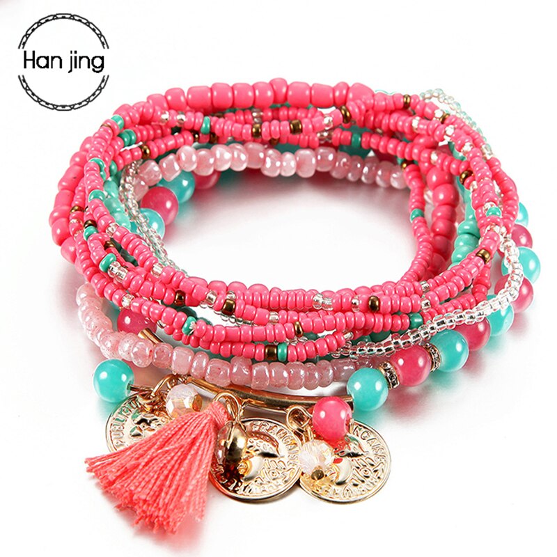 6 Colors - Womens Bohemian Multilayer Elastic Set Bracelets Bangles With Tassel, Gold Coins, Glass Beads Charms Ti Amo I love you