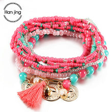 Load image into Gallery viewer, 6 Colors - Womens Bohemian Multilayer Elastic Set Bracelets Bangles With Tassel, Gold Coins, Glass Beads Charms Ti Amo I love you
