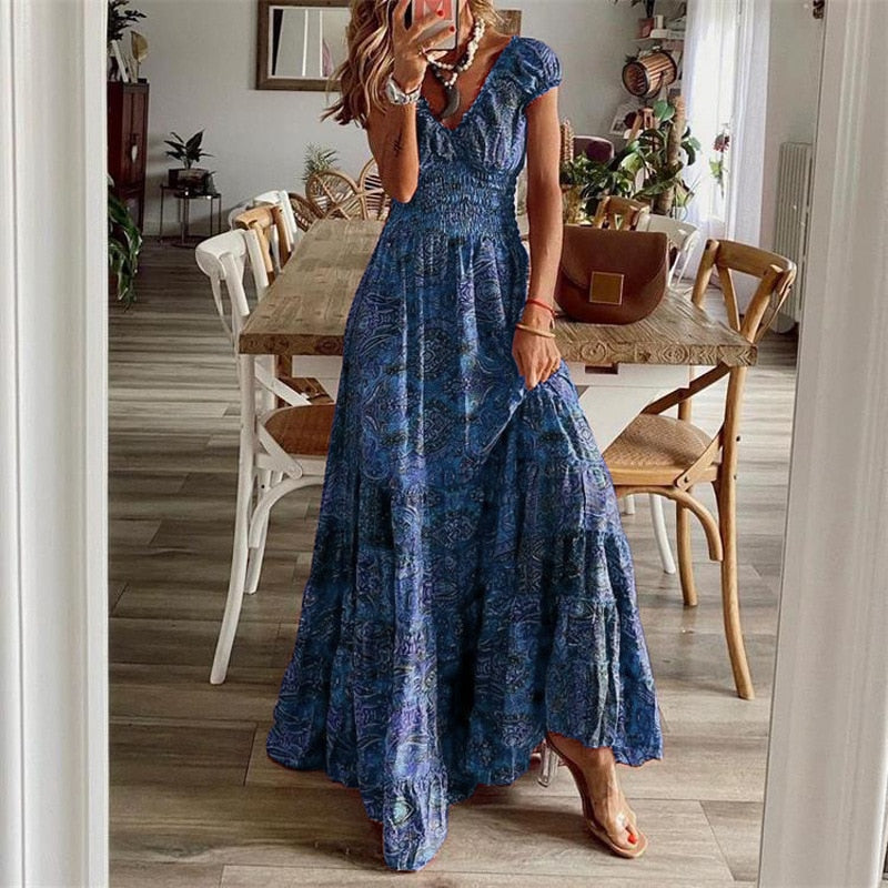 6 Colors - Womens Long Dresses Floral Bohemian Beach Sundress - Casual V Neck Big Swing Maxi Dresses Ti Amo I love you