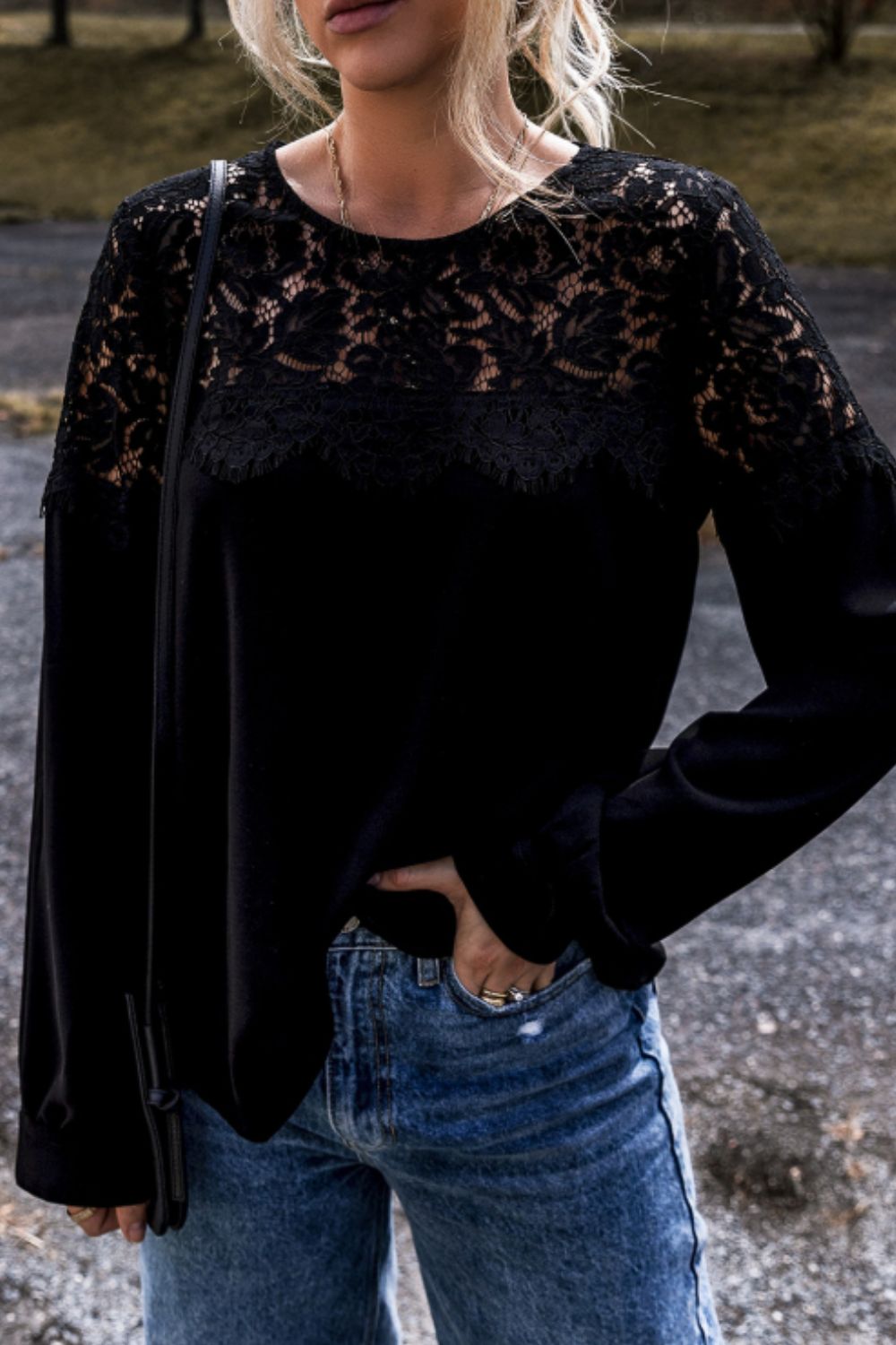 Lace Detail Round Neck Long Sleeve Blouse