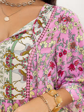 Load image into Gallery viewer, Plus Size Ruched Printed Tie Neck Three-Quarter Sleeve Blouse
