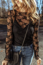 Load image into Gallery viewer, Black Lace Mesh Crochet Splicing Slim Fit Long Sleeve Blouse
