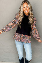 Load image into Gallery viewer, Black Contrast Floral Sleeve Peplum Sweater
