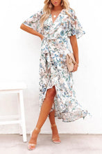 Load image into Gallery viewer, High-Low Printed Surplice Flutter Sleeve Midi Dress
