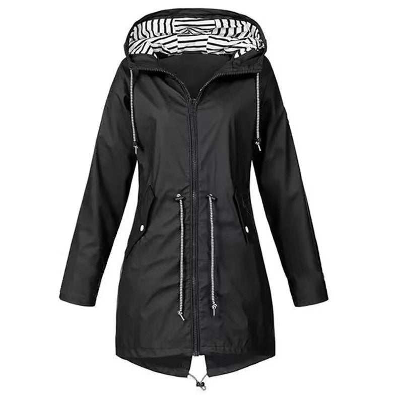 Womens Waterproof Raincoat Casual Basic Outdoors Drawstring Trench Lightweight Drawstring Jacket
