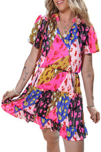 Load image into Gallery viewer, Rose Leopard Print Short Sleeve Tiered Ruffle Mini Dress
