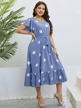 Load image into Gallery viewer, Polka Dot Belted Flutter Sleeve Ruffle Hem Dress
