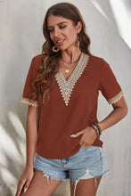 Load image into Gallery viewer, Full Size Lace Detail V-Neck Short Sleeve Blouse
