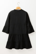 Load image into Gallery viewer, Black Chambray Ruffled 3/4 Sleeve Tiered Split V Neck Mini Dress
