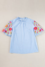 Load image into Gallery viewer, Light Blue Gingham Floral Embroidered Puff Sleeve Blouse
