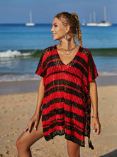 Load image into Gallery viewer, Tassel Openwork Striped V-Neck Cover Up
