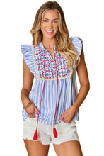 Load image into Gallery viewer, Sky Blue Stripe Geo Pattern Embroidered Tassel Flutter Blouse
