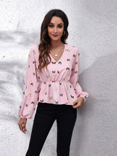 Load image into Gallery viewer, Butterfly V-Neck Balloon Sleeve Peplum Blouse
