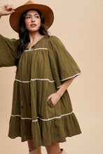 Load image into Gallery viewer, Annie Wear Tassel Contrast Trim Tie Neck Half Sleeve Tiered Dress
