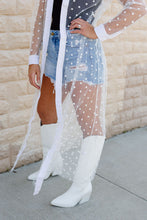 Load image into Gallery viewer, White Polka Dot Print Collared Buttoned Mesh Duster Kimono
