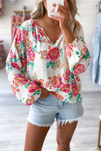 Load image into Gallery viewer, White Notch V Neck Floral Pleated Puff Sleeve Blouse
