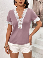 Load image into Gallery viewer, Lace Detail V-Neck Short Sleeve T-Shirt
