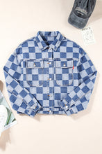 Load image into Gallery viewer, Light Blue Checkered Patchwork Button up Denim Jacket
