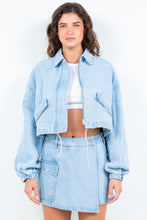 Load image into Gallery viewer, American Bazi Drawstring Waist Crop Denim Jacket

