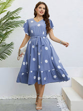 Load image into Gallery viewer, Polka Dot Belted Flutter Sleeve Ruffle Hem Dress
