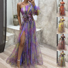 Load image into Gallery viewer, Mesh Tie-dye Printed Off-shoulder Slit Dress Summer INS Fashion Long Dress Party
