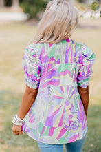 Load image into Gallery viewer, Green Abstract Print Bubble Sleeve Smock Detail Blouse
