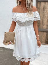 Load image into Gallery viewer, Shiny Ruched Lace Detail Off-Shoulder Dress
