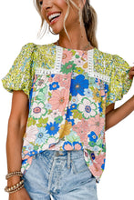 Load image into Gallery viewer, Green Bubble Sleeve Lace Trim Floral Mixed Print Blouse
