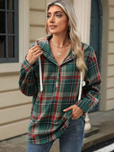 Load image into Gallery viewer, Drawstring Plaid Hooded Long Sleeve Top
