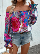 Load image into Gallery viewer, Tied Ruffled Printed Off-Shoulder Long Sleeve Blouse
