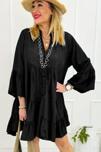 Load image into Gallery viewer, Black Chambray Ruffled 3/4 Sleeve Tiered Split V Neck Mini Dress
