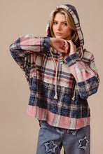 Load image into Gallery viewer, BiBi Drawstring Plaid Drop Shoulder Hoodie
