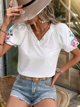 Load image into Gallery viewer, Frill Embroidered V-Neck Short Sleeve Blouse
