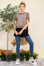 Load image into Gallery viewer, Celeste Full Size Open Tie Sleeve Leopard Color Blocked Top
