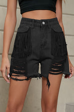 Load image into Gallery viewer, Fringe Trim Distressed Denim Shorts with Pockets
