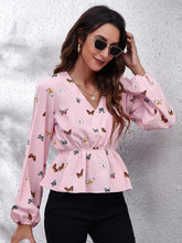 Load image into Gallery viewer, Butterfly V-Neck Balloon Sleeve Peplum Blouse
