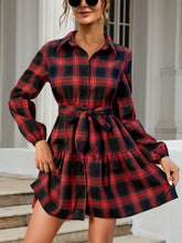 Load image into Gallery viewer, Tied Plaid Long Sleeve Mini Dress
