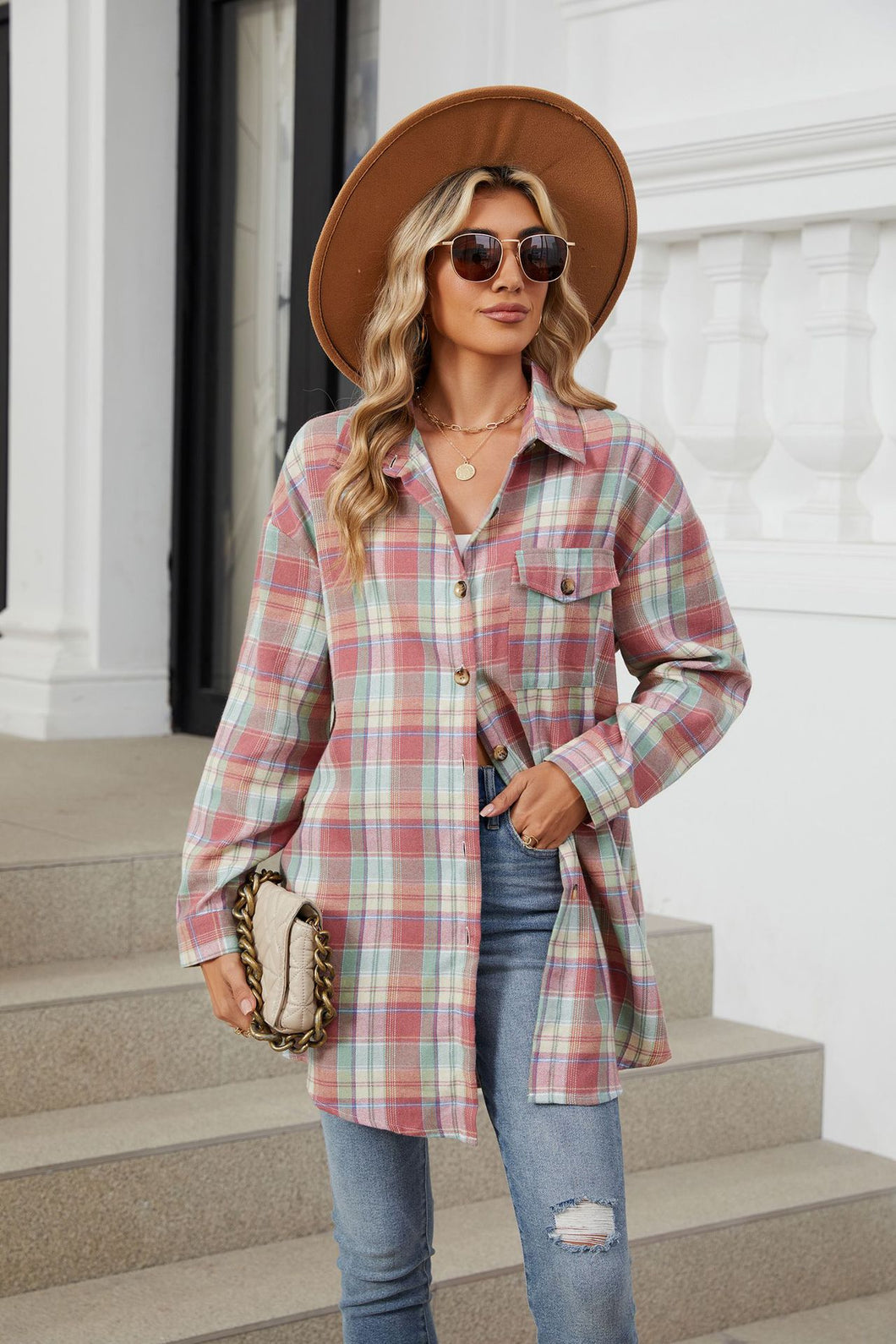 Plaid Collared Neck Long Sleeve Shirt