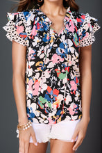 Load image into Gallery viewer, Ruffled Printed Tie Neck Cap Sleeve Blouse
