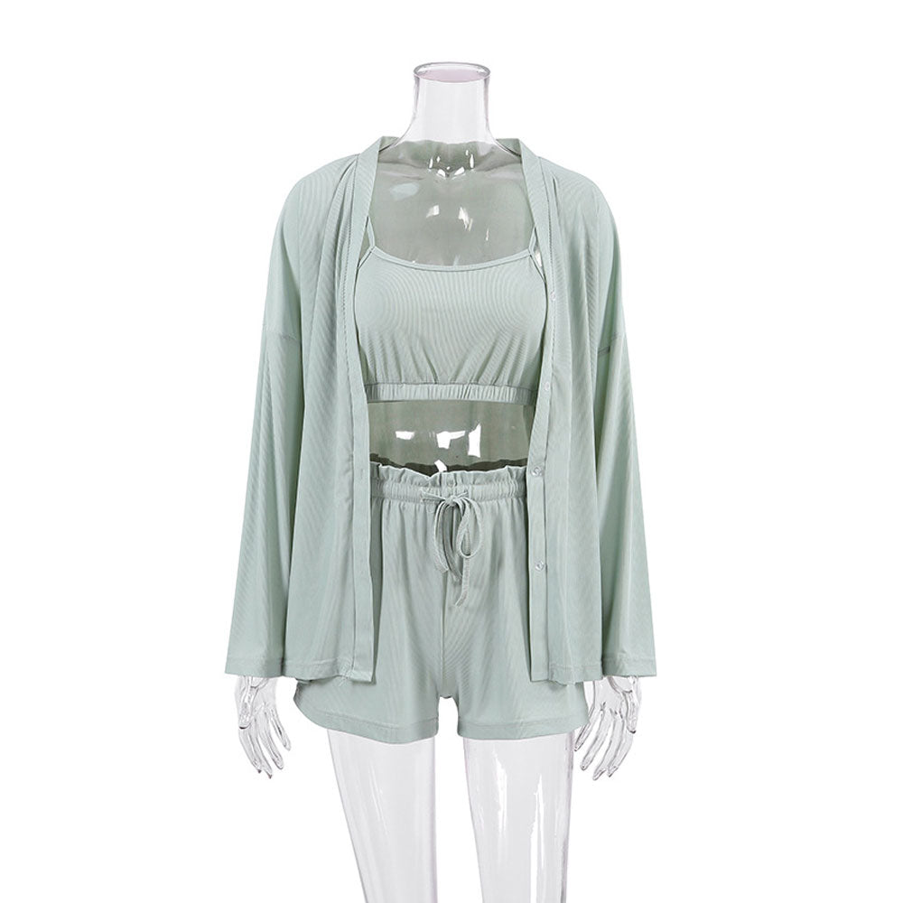 7 Colors - 3pc Set - Womens Solid Color Pajamas Loungewear - Cardigan + Short Top + Looge Short Pants Ti Amo I love you